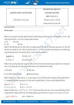 Đề thi HK1 môn Vật lý 11 năm 2019-2020 trường THPT Nguyễn Huệ có đáp án