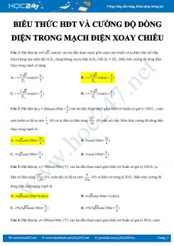 Trắc nghiệm có đáp án về biểu thức HĐT và cường độ dòng diện trong Mạch điện xoay chiều
