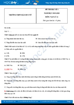 Đề thi HK1 môn Vật lý 11 năm 2019-2020 trường THPT Đào Duy Từ có đáp án trắc nghiệm