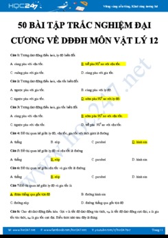 50 Bài tập trắc nghiệm Đại cương về Dao động điều hòa có đáp án môn Vật lý 12
