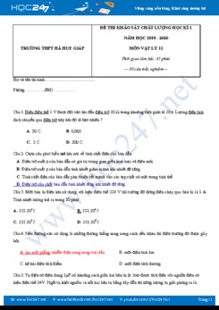 Đề thi khảo sát chất lượng HK1 môn Vật lý 11 năm 2019-2020 có đáp án trường THPT Hà Huy Giáp