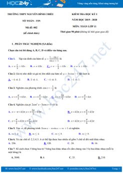 Đề thi HK1 môn Toán 11 năm học 2019 - 2020 có đáp án Trường THPT Nguyễn Đình Chiểu