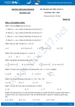 Đề thi HK1 môn Toán 11 năm học 2019 - 2020 có đáp án Trường THPT Kim Thành II