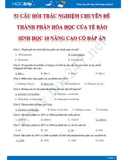 53 Câu hỏi trắc nghiệm chuyên đề Thành phần hóa học của tế bào Sinh học 10 nâng cao có đáp án