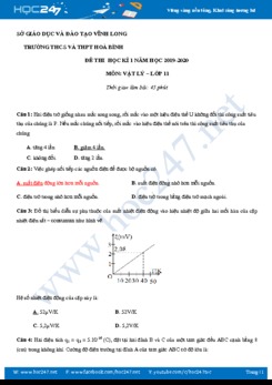 Đề thi HK1 môn Vật lý 11 năm 2019-2020 trường THCS và THPT Hoà Bình có đáp án