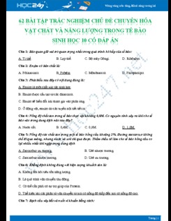 62 Bài tập trắc nghiệm chủ đề Chuyển hóa vật chất và năng lượng trong tế bào Sinh học 10 có đáp án