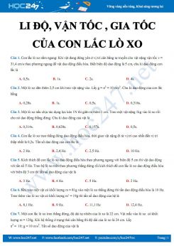 Trắc nghiệm theo chủ đề Li độ, vận tốc, gia tốc của Con lắc lò xo môn Vật lý 12