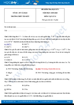 Đề thi Học kì 1 môn Vật lý 11 năm học 2019-2020 trường THPT Tân Đức có đáp án