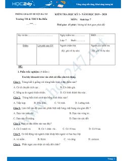 Đề thi HK1 môn Sinh học lớp 7 năm 2019-2020 - Trường THCS Ba Điền có đáp án
