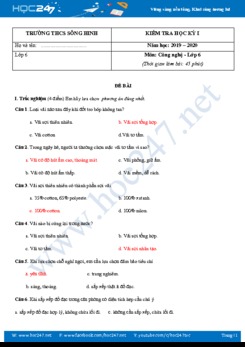 Đề kiểm tra HK1 môn Công Nghệ 6 năm học 2019-2020 trường THCS Sông Hinh có đáp án