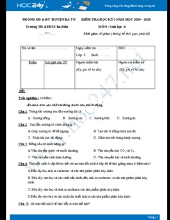 Đề kiểm tra HK1 môn Sinh học lớp 8 năm 2019-2020 - Trường THCS Ba Điền có đáp án