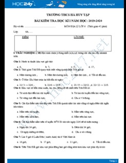 Đề kiểm tra HK1 môn Địa lý lớp 6 năm 2019-2020 - Trường THCS Hà Huy Tập có đáp án