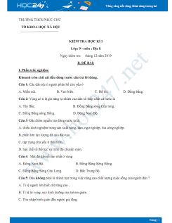 Đề kiểm tra HK1 môn Địa lý lớp 9 năm 2019-2020 - Trường THCS Phúc Chu có đáp án