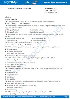 Bộ đề thi HK1 môn Lịch Sử 11 năm học 2019-2020 Trường THPT Tôn Đức Thắng