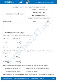 Bộ 2 Đề thi trắc nghiệm HK1 môn Vật lý 9 năm học 2019-2020 trường THCS Đinh Tiên Hoàng