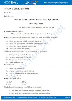 Đề khảo sát chất lượng HK1 môn Vật lý 8 năm học 2019-2020 có đáp án trường THCS Phan Sào Nam