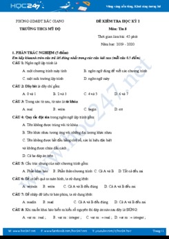 Đề thi HK1 môn Tin học 8 năm 2019-2020 Trường THCS Mỹ Độ
