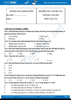 Đề thi và đáp án kiểm tra HK1 môn Vật lý 8 năm 2019-2020 trường THCS Đình Xuyên