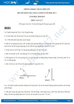 Bộ 3 đề kiểm tra chất lượng Học kì 1 môn Vật lý 7 năm học 2019-2020 Phòng GD&ĐT Thị xã Phổ Yên