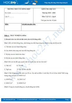 Đề kiểm tra HK1 môn Vật lý 8 năm học 2019-2020 có đáp án trường THCS Tân Đông Hiệp