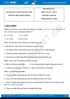 Đề thi HK1 môn Vật lý 11 năm học 2019-2020 trường THPT Thuận Thành- Bắc Ninh có đáp án