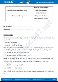 Đề thi HK1 môn Vật lý 11 năm học 2019-2020 trường THPT Trần Nhân Tông có đáp án