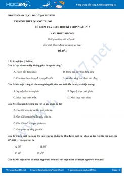 Đề kiểm tra KSCL HK1 môn Vật lý 7 năm học 2019-2020 trường THCS Quang Trung có đáp án