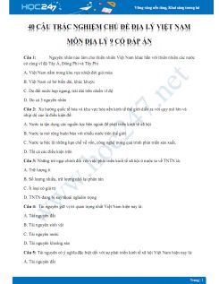 40 Câu hỏi trắc nghiệm chủ đề Địa lý Việt Nam môn Địa lý 9 có đáp án