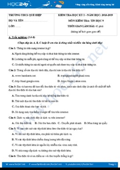 Đề thi HK1 môn Tin học 9 năm 2019 Trường THCS Quế Hiệp