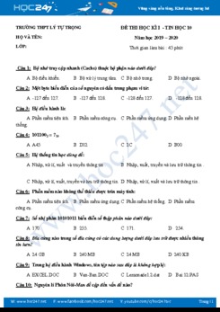 Đề kiểm tra HK1 môn Tin học 10 năm 2019-2020 Trường THPT Lý Tự Trọng