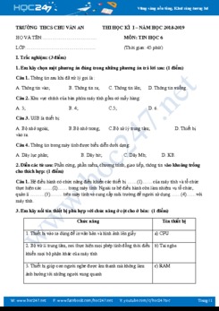 Đề thi HK1 môn Tin lớp 6 năm 2019 Trường THCS Chu Văn An