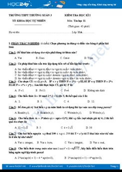 Đề kiểm tra HK1 môn Tin học 11 năm 2019 Trường THPT Thường Xuân
