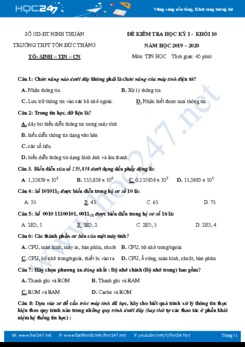 Đề thi HK1 môn Tin học 10 năm 2019 Trường THPT Tôn Đức Thắng