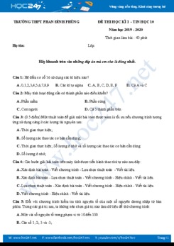 Đề kiểm tra chất lượng HK1 môn Tin học 10 năm 2019 Trường THPT Phan Đình Phùng
