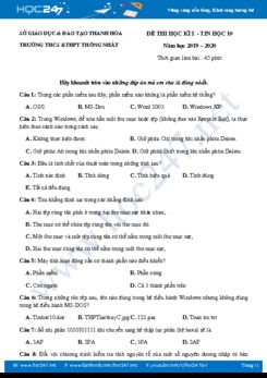 Đề thi HK1 môn Tin học 10 năm 2019 Trường THPT Thống Nhất