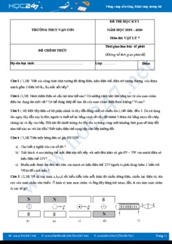 Đề thi Học kì 1 môn Vật lý 7 năm học 2019-2020 có đáp án trường THCS Vạn Sơn