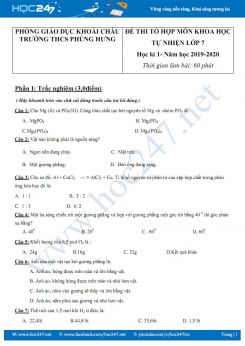 Đề thi Học kì 1 tổ hợp KHTN lớp 7 năm học 2019-2020 trường THCS Phùng Hưng có đáp án