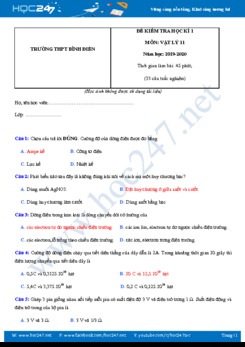 Đề kiểm tra HK1 môn Vật lý 11 năm học 2019-2020 trường THPT Bình Điền có đáp án