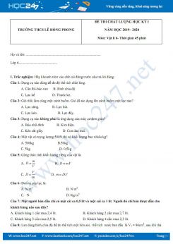 Đề thi và đáp án kiểm tra HK1 môn Vật lý 6 năm học 2019-2020 trường THCS Lê Hồng Phong
