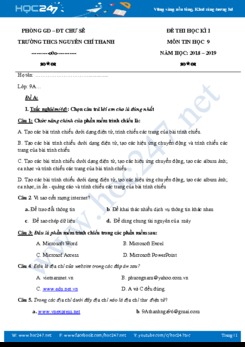 2 Đề thi HK1 môn Tin học 9 năm 2019 Trường THCS Nguyễn Chí Thanh có đáp án