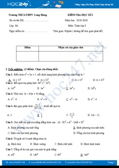 Đề thi HK1 môn Toán 8 năm 2019 Trường THCS-THPT Long Hưng