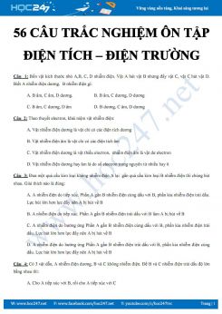 Bộ 56 câu bài tập trắc nghiệm ôn tập chủ đề Điện tích – Điện trường môn Vật lý 11