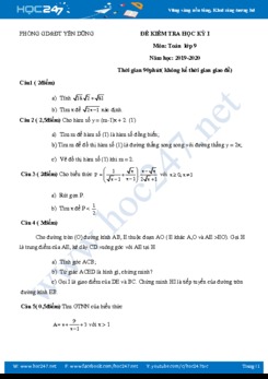 Đề thi HK1 môn Toán 9 năm 2019 Phòng GD&ĐT Yên Dũng có đáp án