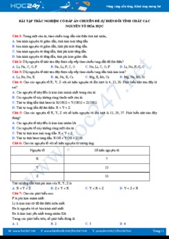 Bài tập trắc nghiệm có đáp án chuyên đề sự biến đổi tính chất các nguyên tố hóa học