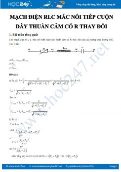 Chuyên đề Vật lý 12 về Mạch điện RLC mắc nối tiếp cuộn dây thuần cảm có r thay đổi
