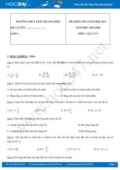 Đề thi và đáp án kiểm tra HK1 môn Vật lý 9 năm học 2019-2020 trường THCS Trần Quang Diệu