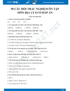 50 Câu hỏi trắc nghiệm ôn tập môn Địa lý 8 có đáp án