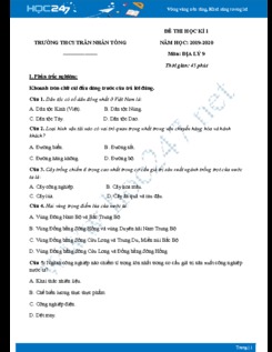 Đề thi HK1 môn Địa lý lớp 9 năm 2019-2020 - Trường THCS Trần Nhân Tông có đáp án