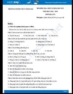 Đề kiểm tra chất lượng HK1 môn Địa lý 8 năm 2019-2020 - Trường PTHDTBT THCS Trung Hà có đáp án