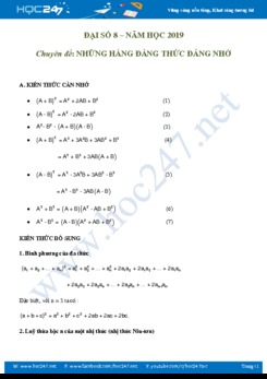 Bài tập về Những hằng đẳng thức đáng nhớ Toán 8 năm 2019